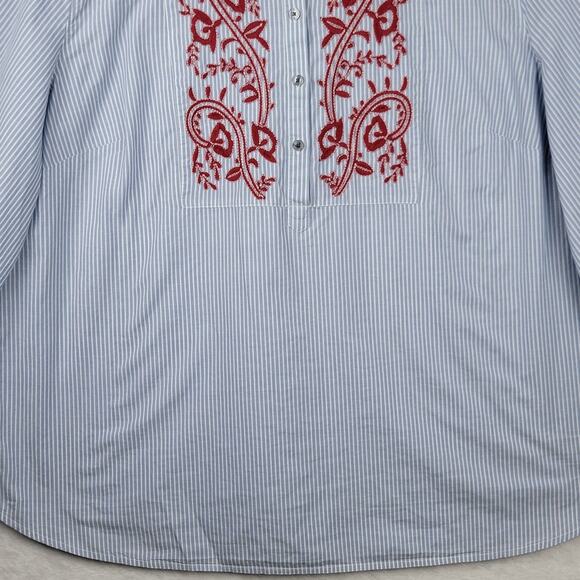 2X Tunic Boho Red Embroidery Pullover Top 3/4 Sleeve Blue White Stripe Casual - Picture 3 of 13